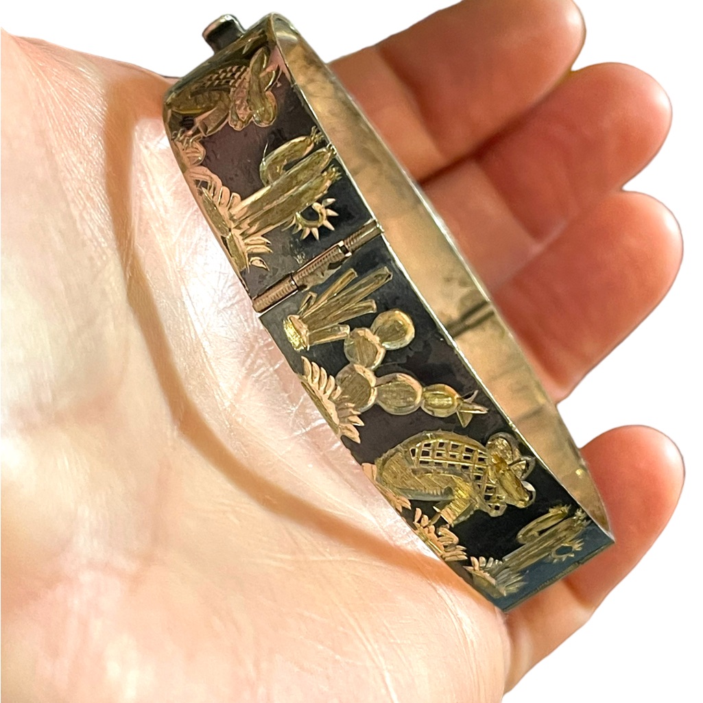 Vintage Sterling Silver 925 Etched Mexican Sitting Under Cactus Tree Bracelet